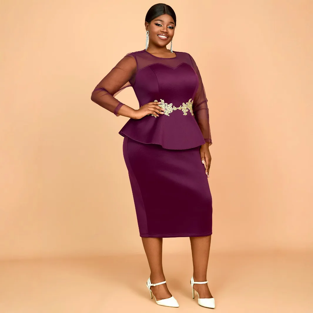 Am 050129 Прозрачное платье больших размеров с длинными рукавами и модными рюшами по