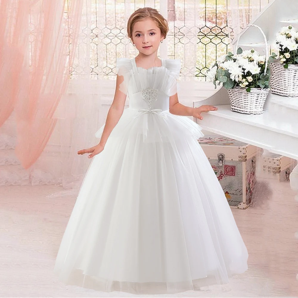 

Long White Bridesmaid Dresse For Girls First Communion Princess Party Dress Puffy Tulle Kids Girl Birthday Wedding Prom Gown