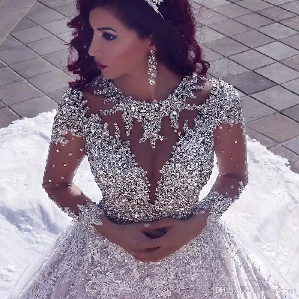 

Princess Long Illusion Sleeve Crystal Luxurious Cathedral Train Ball Gown Wedding Dress Beading Dubai Arabic Applique Bridal