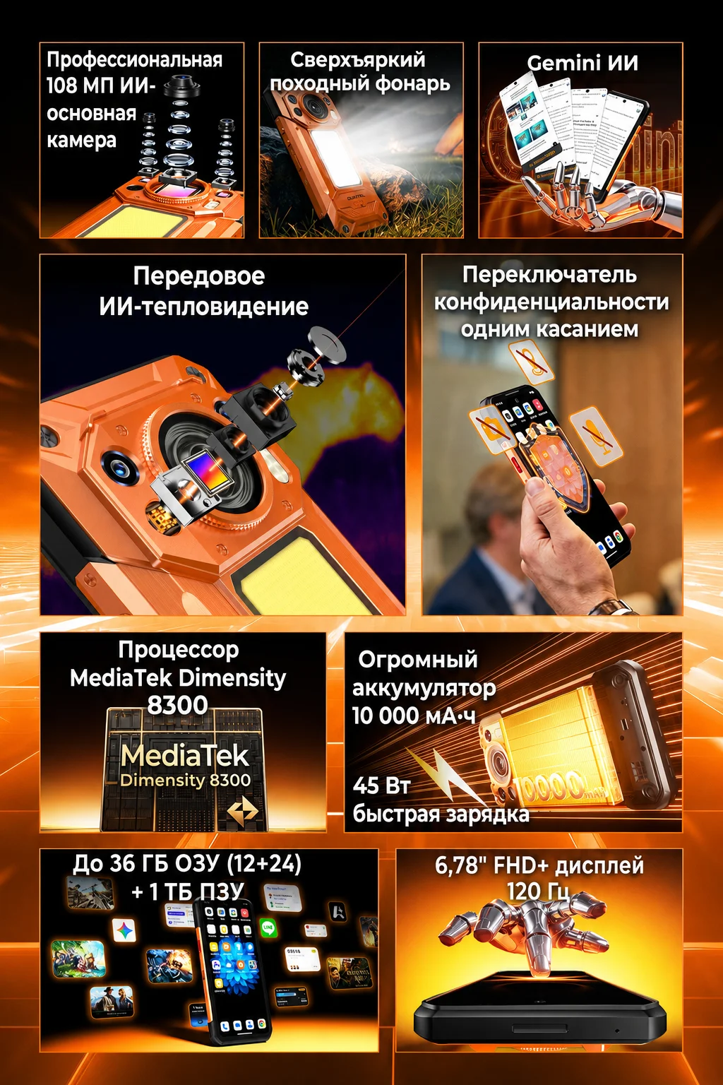 Фото Oukitel WP500 Ultra Protected Smartphone AI Thermal Imager Privacy Button Dimension 8300 108MP 10000mAh 36 GB 1 TB IP68 №3