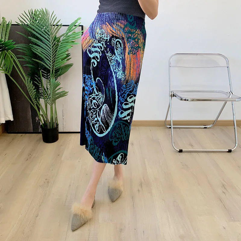 

New summer pleated print high waisted mid length split skirt