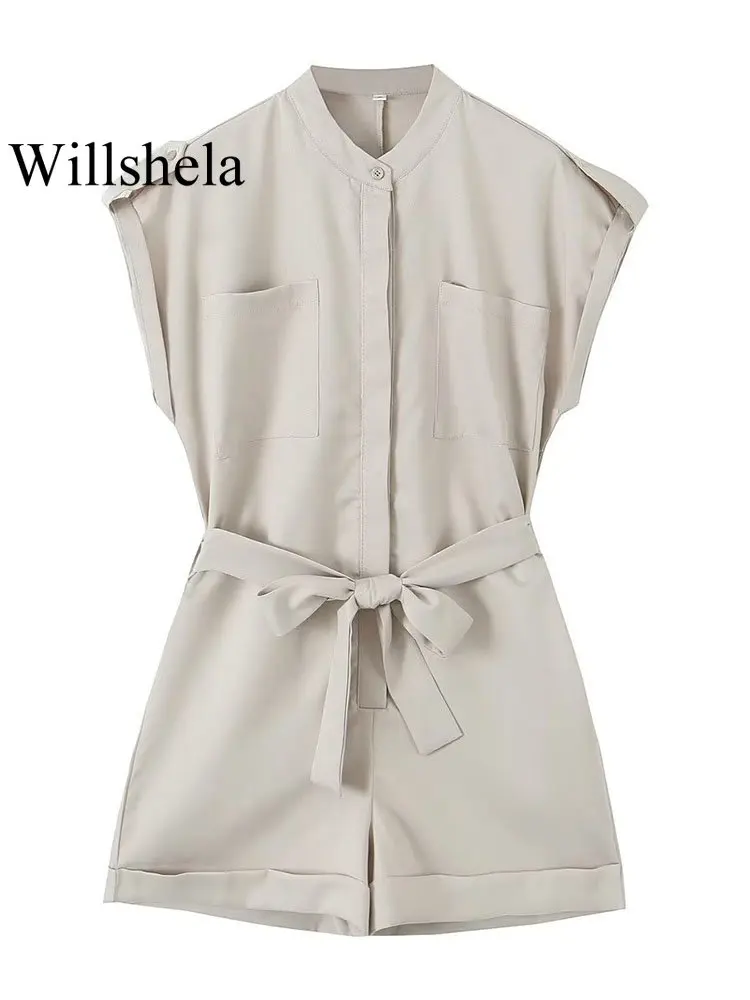

Willshela Women Fashion With Belt Pockets Grey Single Breasted Cargo Jumpsuits Vintage O-Neck Sleeveless Female Chic Lady Romper