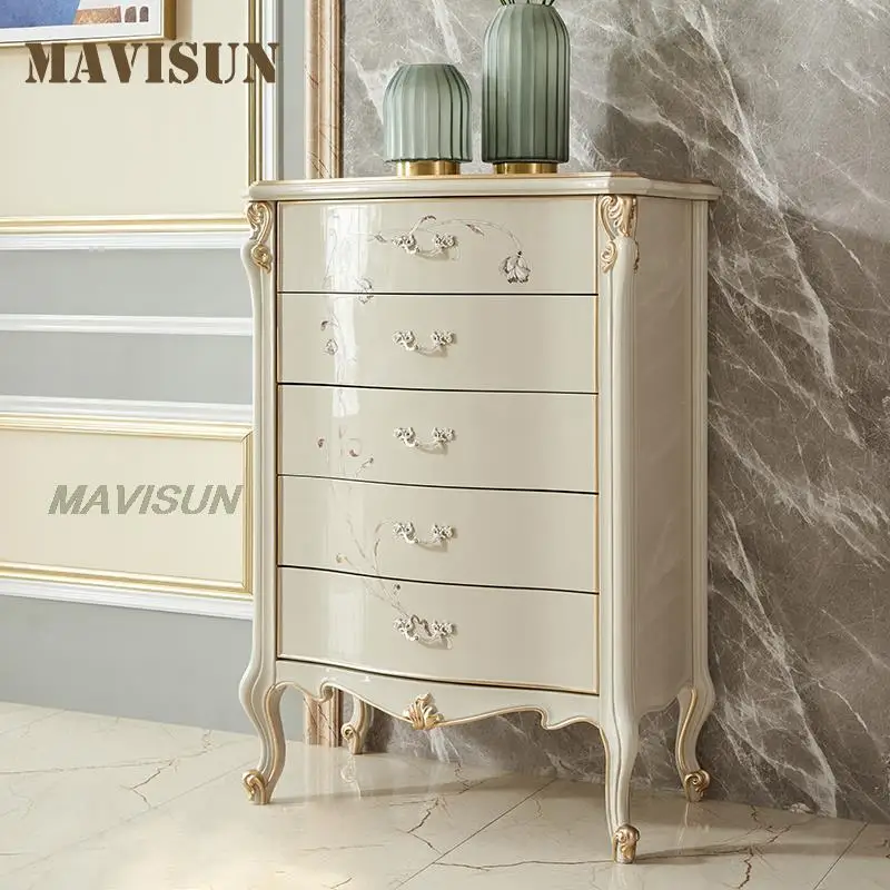 

American Solid Wood Chest Of Drawers White Light Luxury Hand-Carved Pattern Storage Cabinet Simple Bedroom Home Kitchen Stand