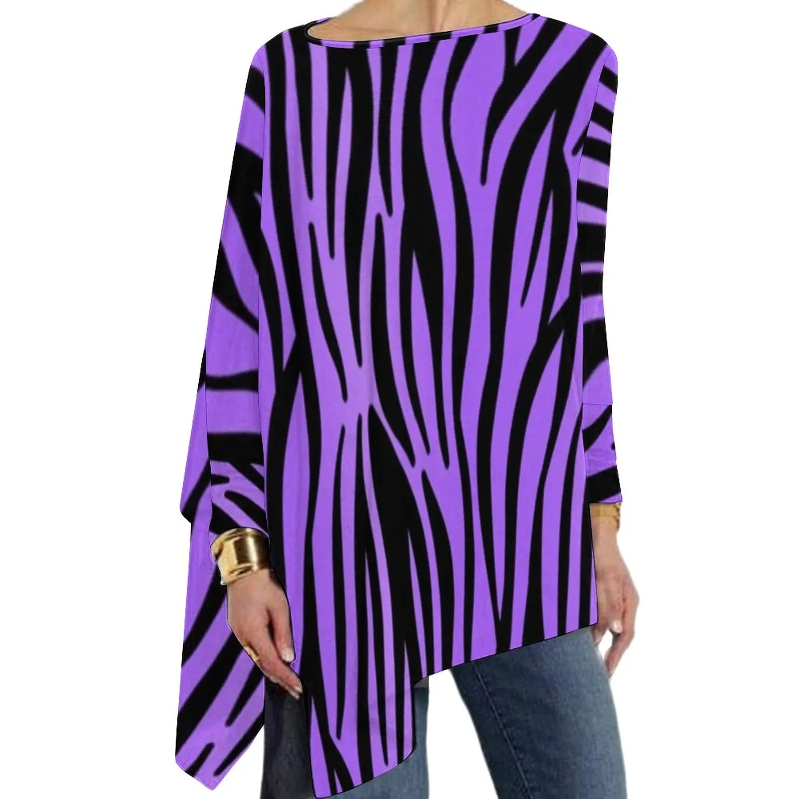 

Футболка женская оверсайз с длинным рукавом, элегантная Свободная рубашка в полоску с принтом фиолетового тигра, с графическим принтом, под...