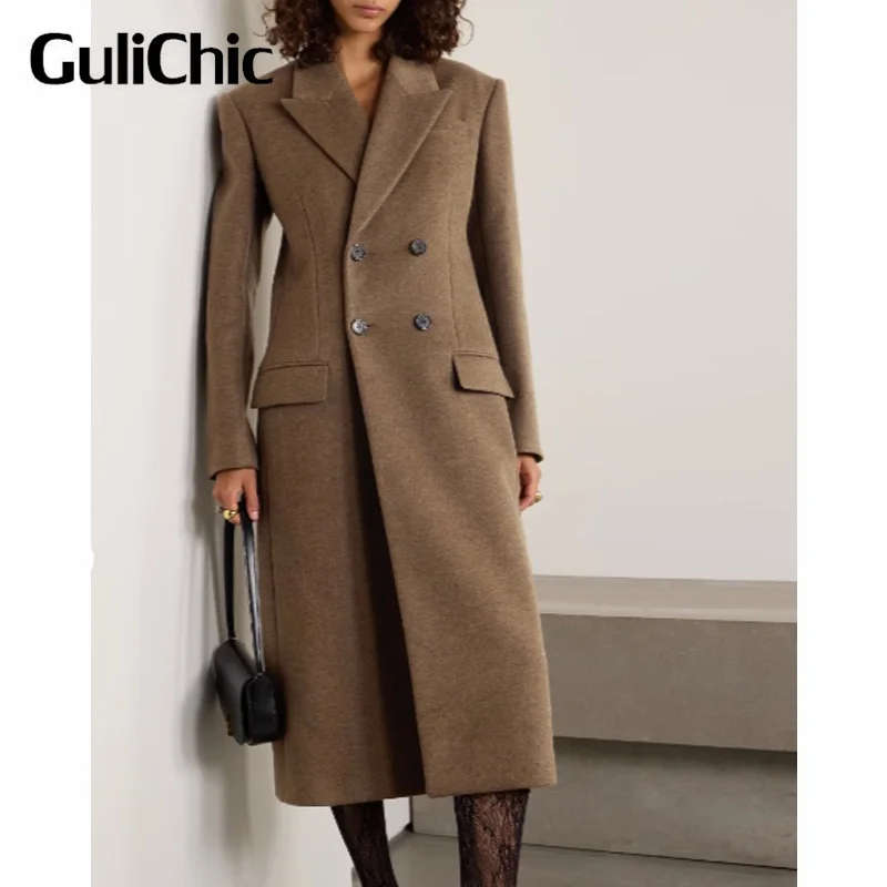 11 12 GuliChic Женская одежда Высокое качество Двубортное шерстяное пальто с лацканами