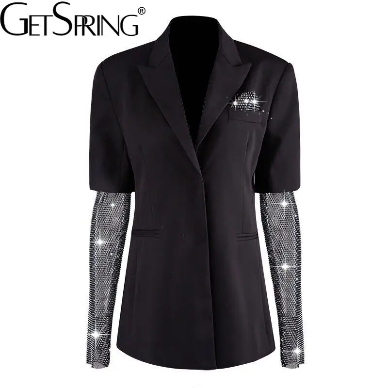 

2022 New Arrival Getspring Blazers Women Full Regular Solid Single Breasted V-neck Streetwear Shining Blazer Vintage Dropship