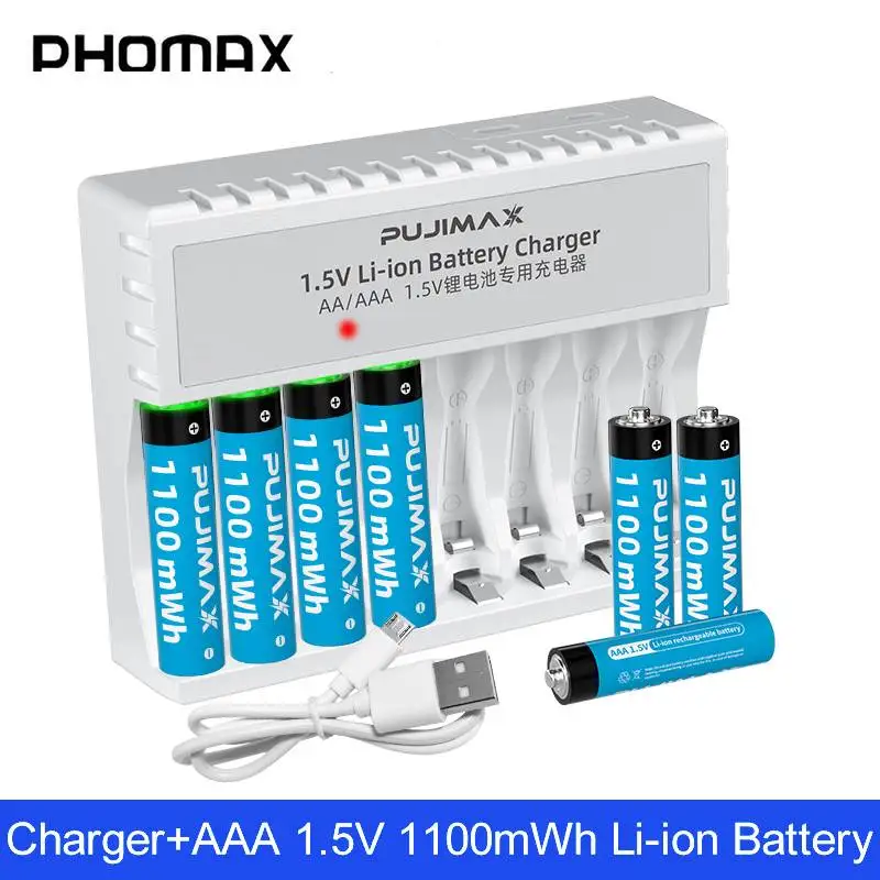 

PHOMAX 1.5V AAA Lithium-ion Rechargeable Battery 1100mWh with Constant Output 1.5V 8 Slot Rechargeable Charger Cycles Durable