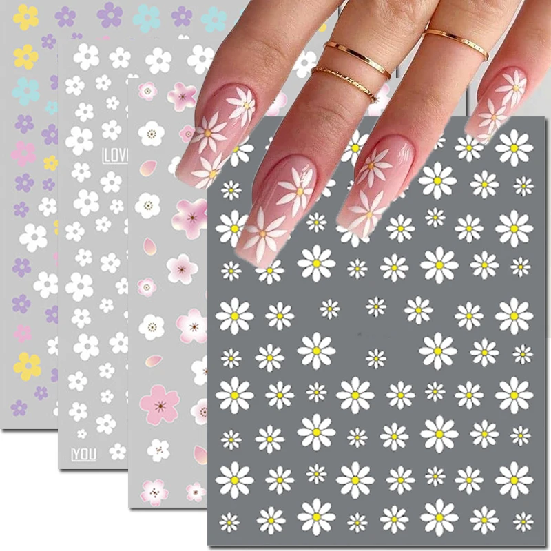 Nail Art Decals Summer Daisy Fruits White Florals Petals Flowers Back Glue Nail Stickers Decoration For Nail Tips Beauty