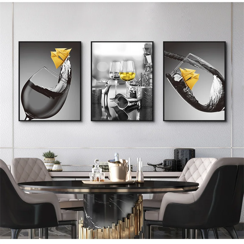 

Wine Glass with Small Boat Canvas Painting Dining Room and Kitchen Decor Modern Home Decoration Wall Art Posters Prints Pictures