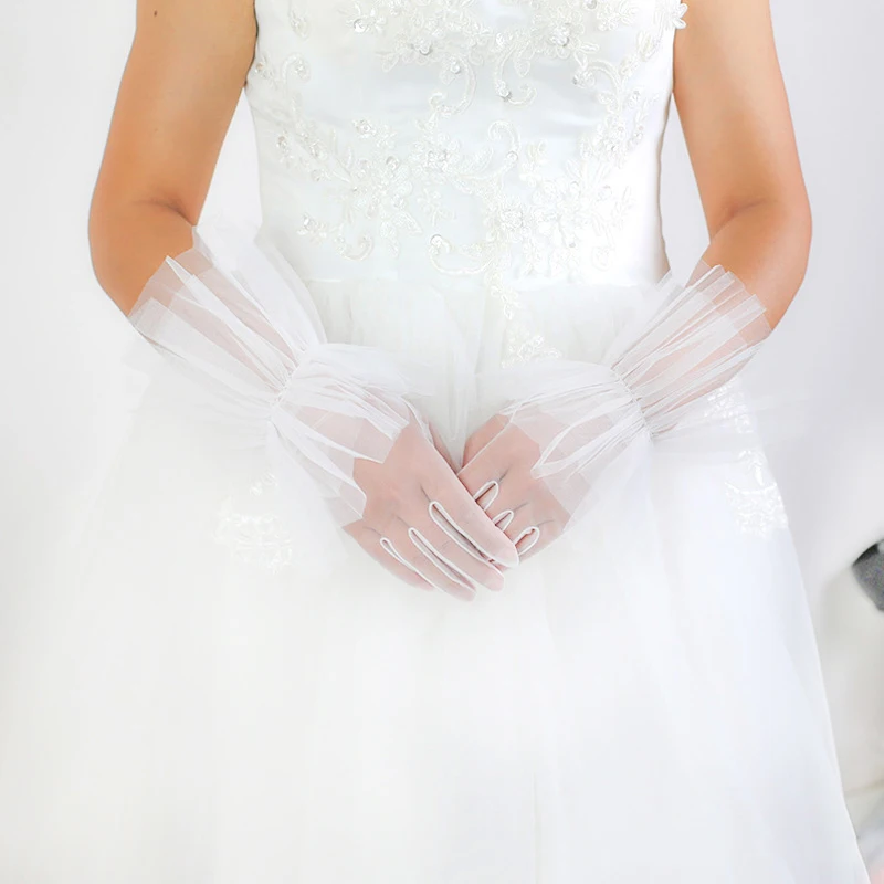 

Women Bride Mesh Sheer Sexy Full Finger Tulle Gloves Ruffle Ultra-thin Elegant Transparent Wedding