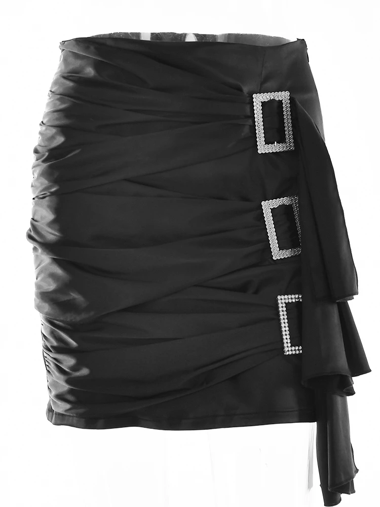 Женская мини-юбка Fantoye с пряжкой стразы однотонная тонкая высокой талией