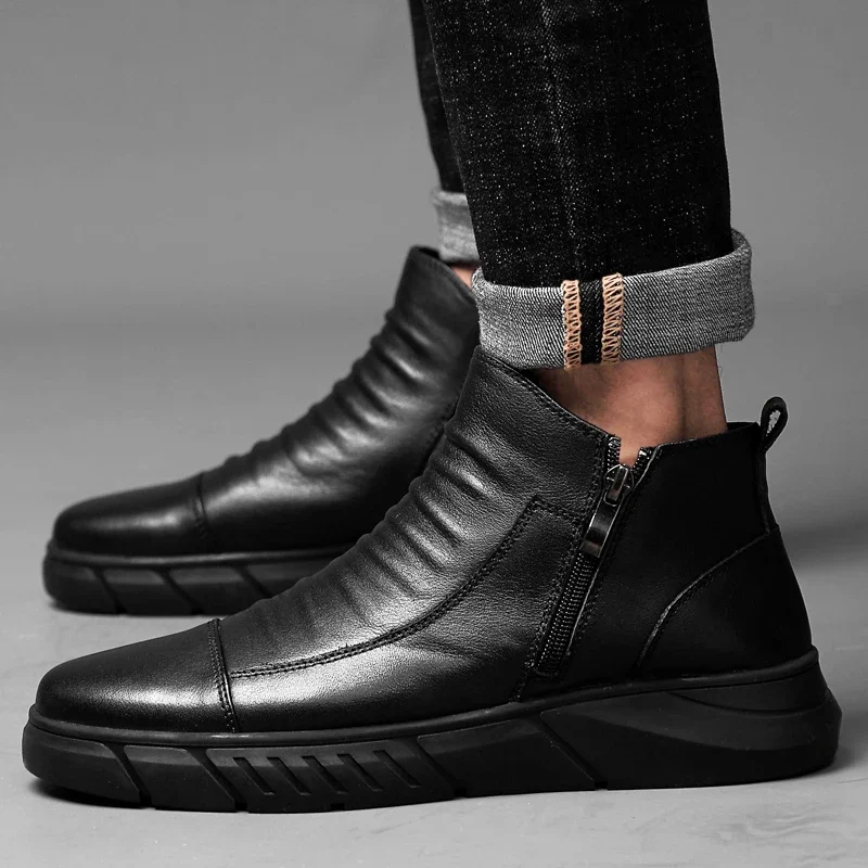 

2023 Fashion Shoes for Men Zipper Men's Boots Winter Round Toe Solid Warm Comfortable Pleated Short Barrel Low-heeled Boots