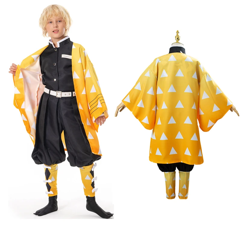 

Anime Kimetsu no Yaiba Agatsuma Zenitsu Cosplay Kids Costume Demon Slayer Uniform Coat Cloak Pants Set Halloween Party Suit