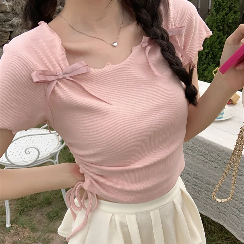 Женские футболки Y2k милые летние уютные тонкие гофрированные дизайнерские