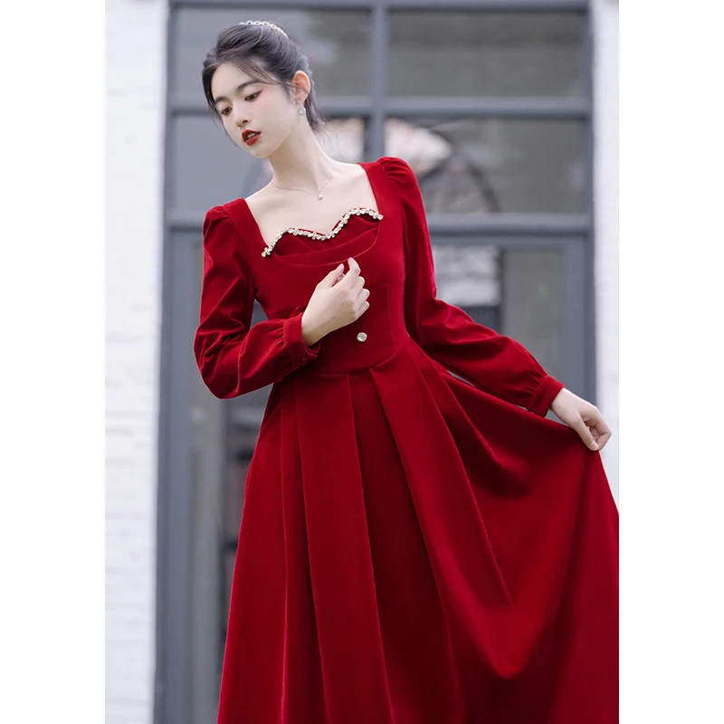 

YOSIMI Red Velvet Women Dress Elegant 2023 Spring Square Collar Mid-calf Long Sleeve Fit and Flare A-line Party Dress Vintage