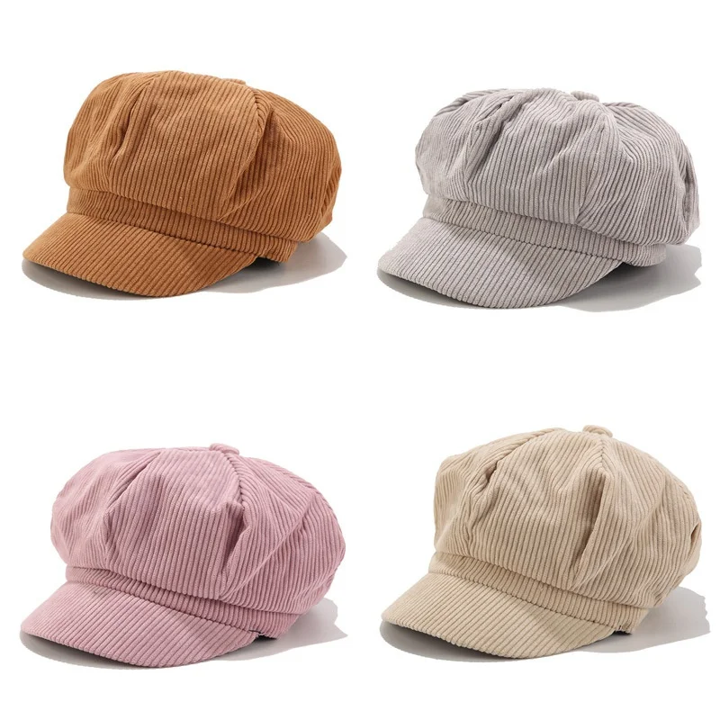 

Women Vintage Bomber Hats Winter Solid Corduroy Casual Hat Beret Literary Retro Cap Korean Painter Newsboy Foldable Berets Gorra