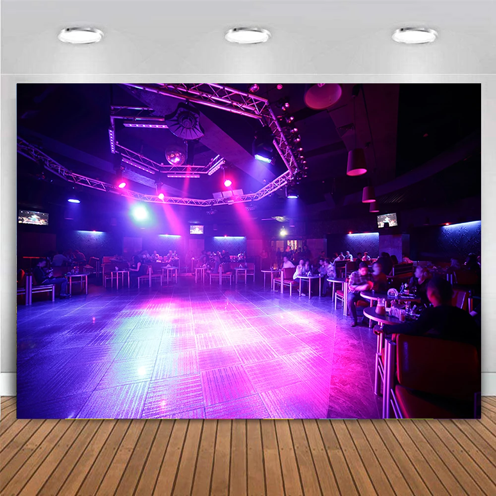 

DJ Disco 70s 80s Ball Dark Hall Dance Floor Music stage Spotlights Birthday Party Table Banner Backdrop Photography Background