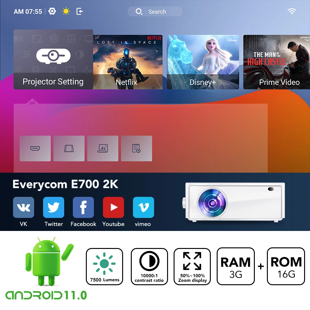 Проектор Everycom E700 2560x1440p 4K Android 11 Smart tv для дома светодиодный лучевой проектор с 3 + 16