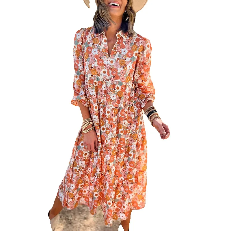 

Thin Bohemian Style Printed Long Dress For Women's Autumn New Ruffled Straight