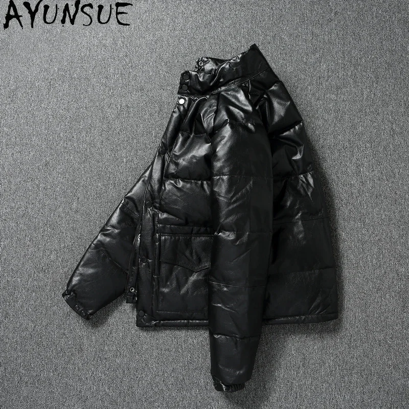 AYUNSUE зимняя куртка-пуховик из натуральной кожи мужская одежда короткие черные