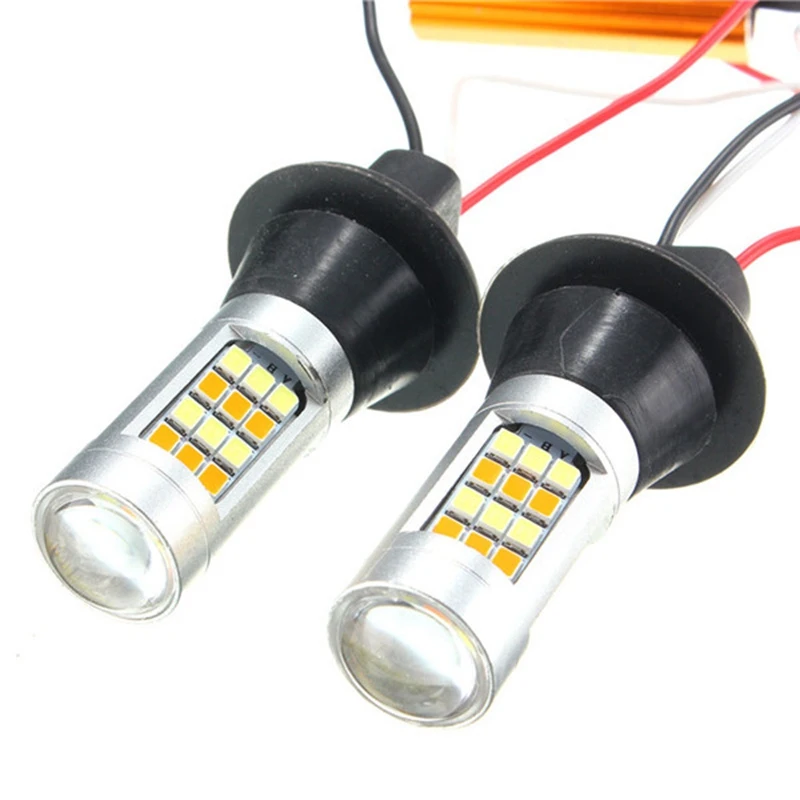 

2pcs/lot 7443 2835 42 SMD 20W Auto LED Daytime Running Light Dual Color Switchback 12-24VDC Turn Signal Lamp Bulb Parking