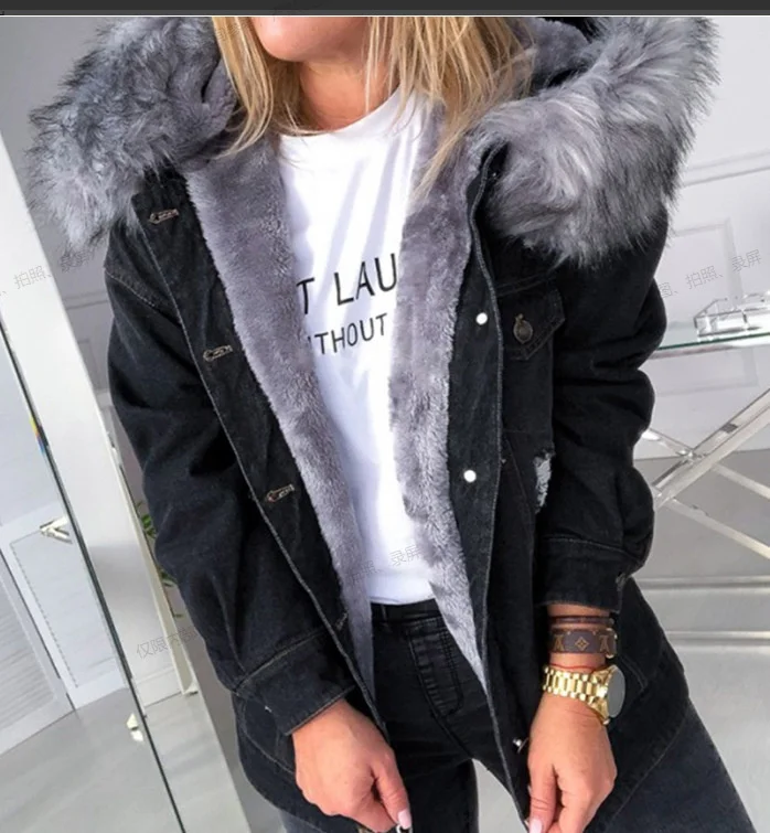 

Zipper Imitation Denim Woolen Temperament Commuter With Fluffy Collar Coat