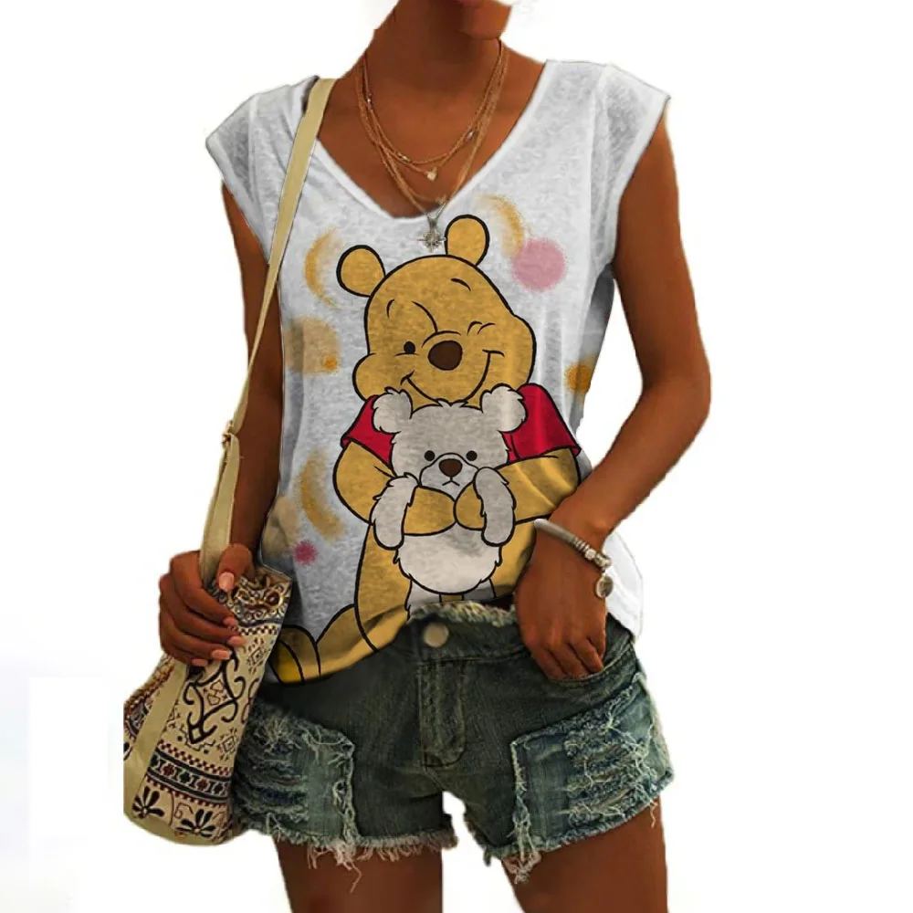

Summer Hot Sale Ladies New Disney Brand Winnie the Pooh Anime 3D Printing V Neck Street Style Sleeveless Vest Y2K