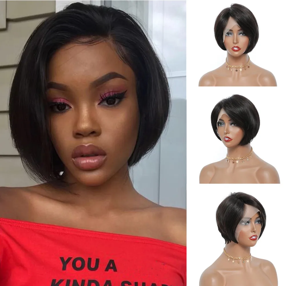 

Straight Pixie Cut Wig T Part Lace Front Human Hair Wig Preplucked For Black Women Transparent Lace Short Bob Wig Brazilian Remy