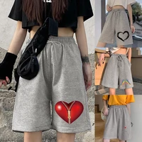 ladies casual cropped shorts female student harajuku shorts simple love printing series elastic band fashion streetwear