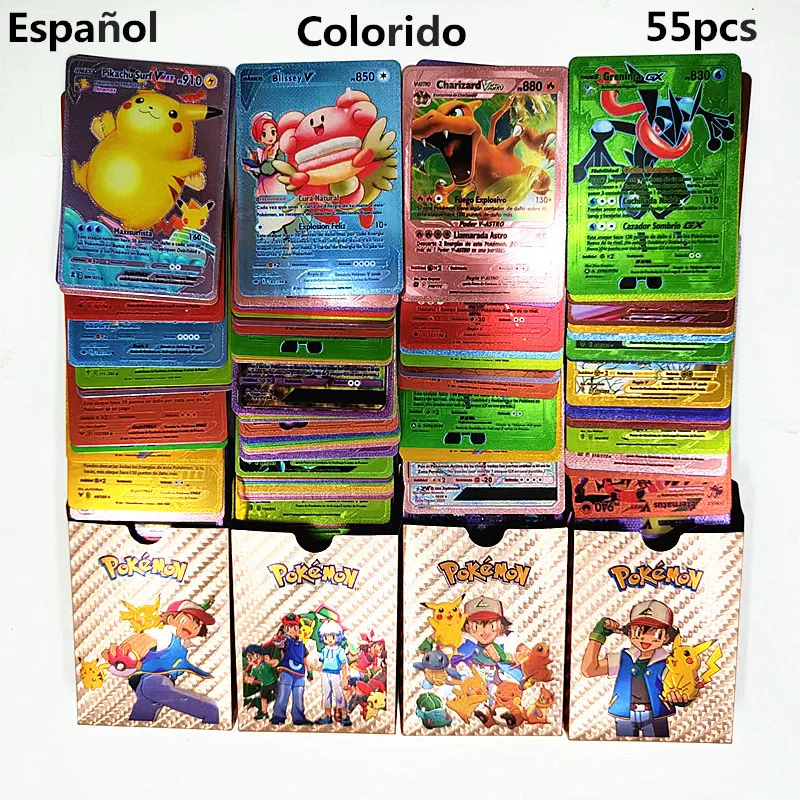 New TAKARA TOMY Colourful Pokemon Español Gold Foil Karty Pikachu Flaming Dragon Card Children's Collection Toy Christmas Gifts