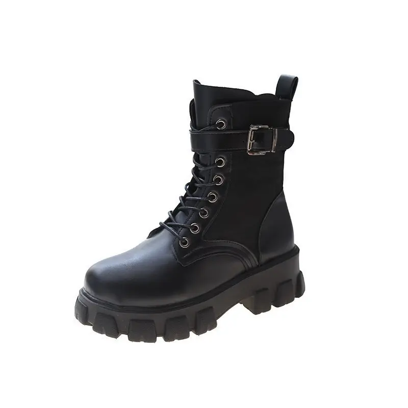 2021 New Black Platform Combat Ankle Boots for Women Lace Up Buckle Strap Woman Shoes Winter Biker Boots Boots for Women