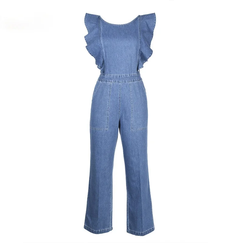 Sexy Backless Jeans Jumpsuit 2021 summer Spring New Ruffled Bodysuit American Fashion Lace Up High Waist Playsuits Streetwear