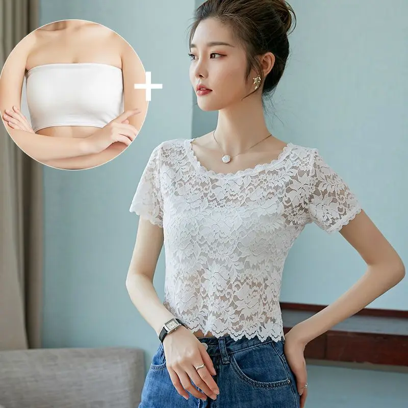 

Summer lace bottom top for women's short top with a top underneath, thin and spicy girl with a sexy hollowed out shirt on the ou