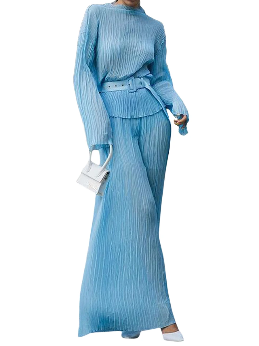 

Women Long Sleeve Pleated Outfits Suit Tops Pants Solid Color Crew Neck Casual Style Loose Version Clothing