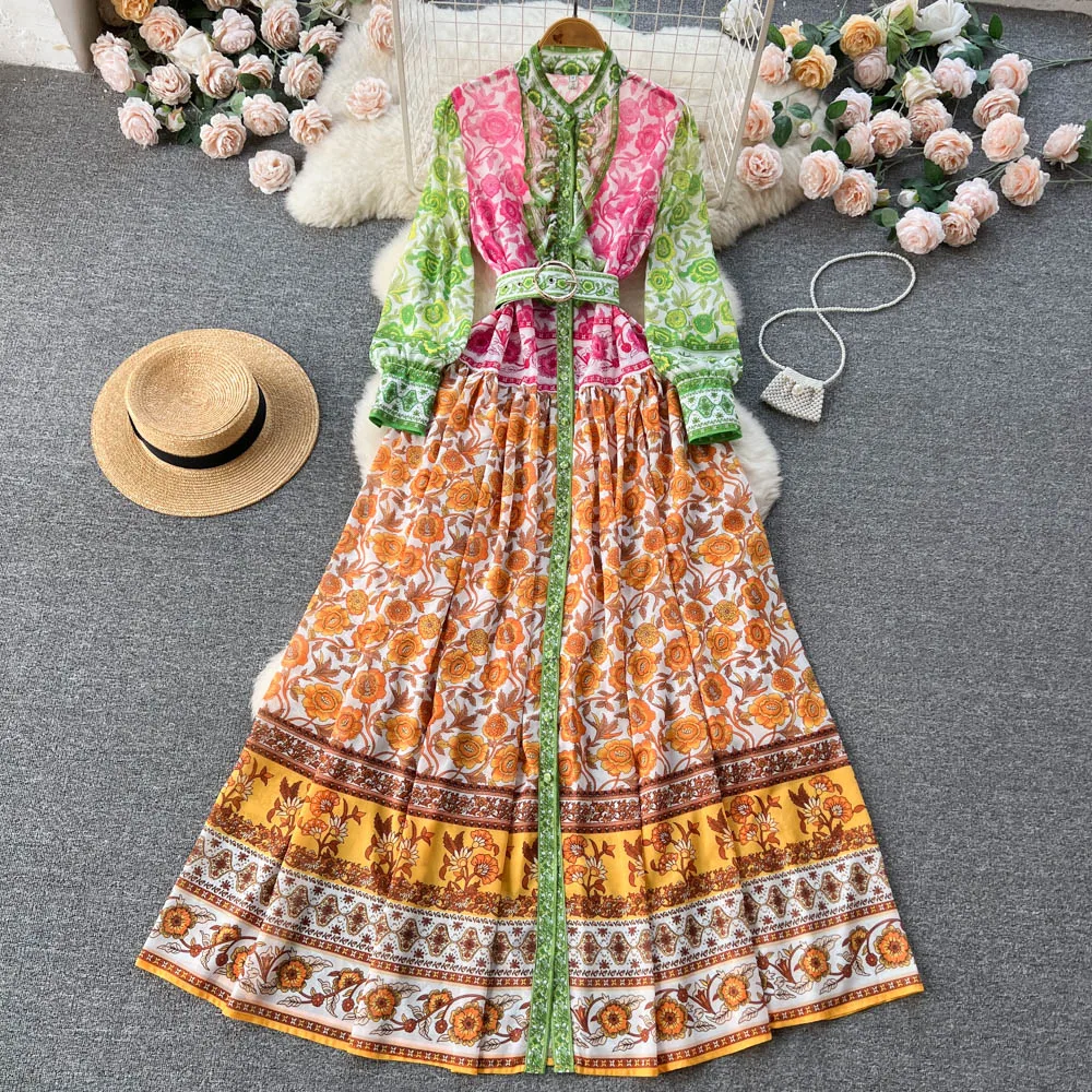 Spring Summer Floral Chiffon Maxi Dress Women Stand Collar Lantern Long Sleeve High Street Single Breasted Colorblock Belt Robes