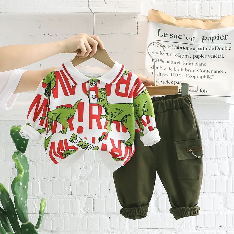 

Children Handsome Cool Clothing Sets Autumn Spring Baby Boy Long Sleeve Cartoon Dinosaur+Pants 2pcs/Suits Toddler Casual Clothes