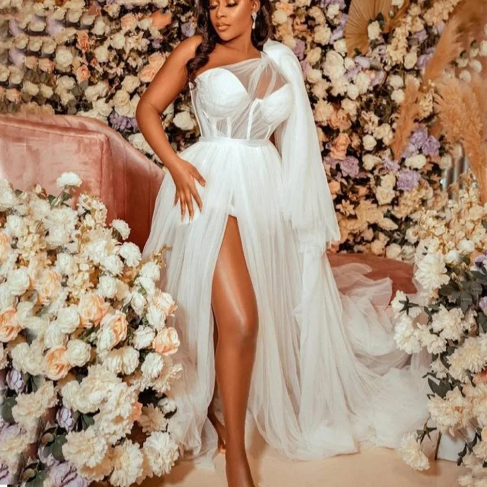 

Plain Wedding Robes for Bride Bridal Shower Dress One Shoulder Thigh-High Slits A Line Floor Length