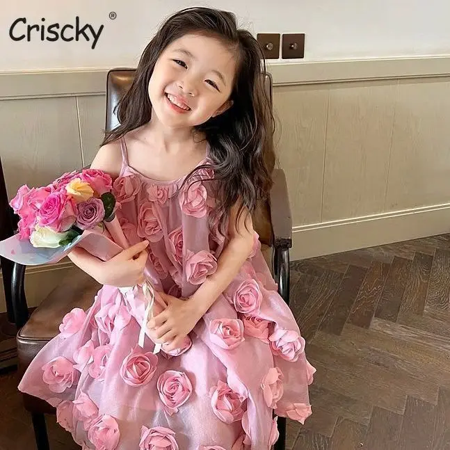 

Criscky 2022 Summer Baby Girls Rose Flower Princess Dress Solid Korean Style Mesh Kids Straps Dresses Children Clothes