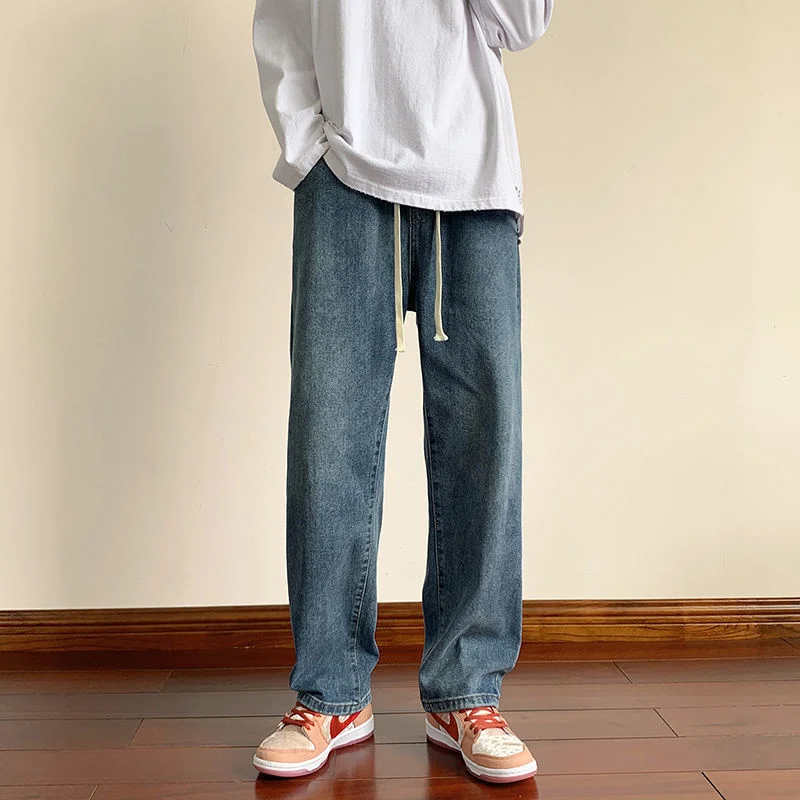 Blue Black Baggy Jeans Men Fashion Drawstring Casual Straight Jeans Men Streetwear Hip Hop Loose Denim Pants Mens Trousers S-2XL