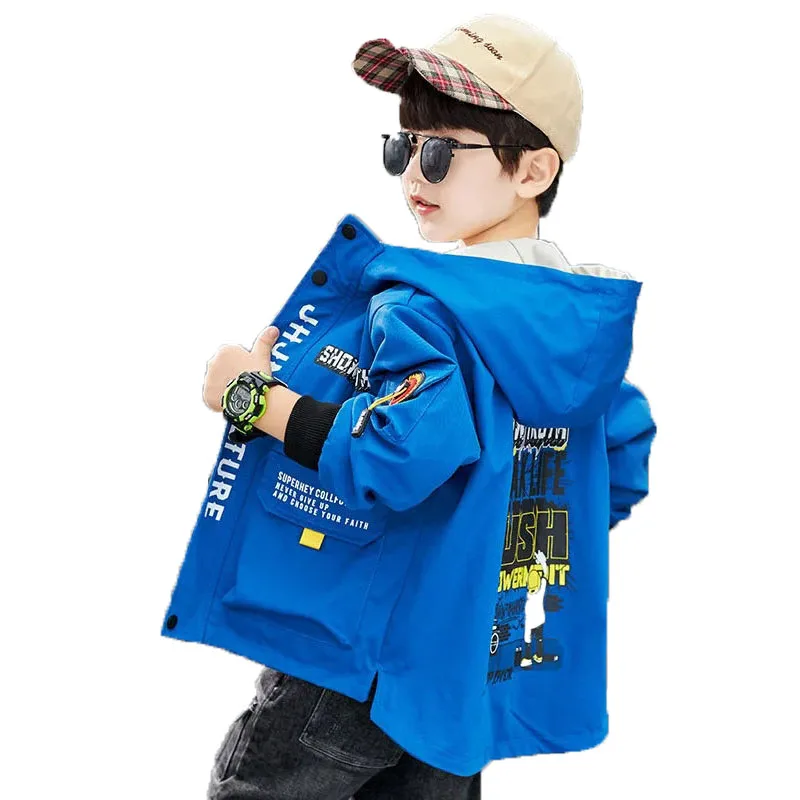 

New 2022 Polyester Spring Autumn Jacket For Boy Korean Version Fashion Hooded Print Windbreaker Casual Cool Children's Clothing