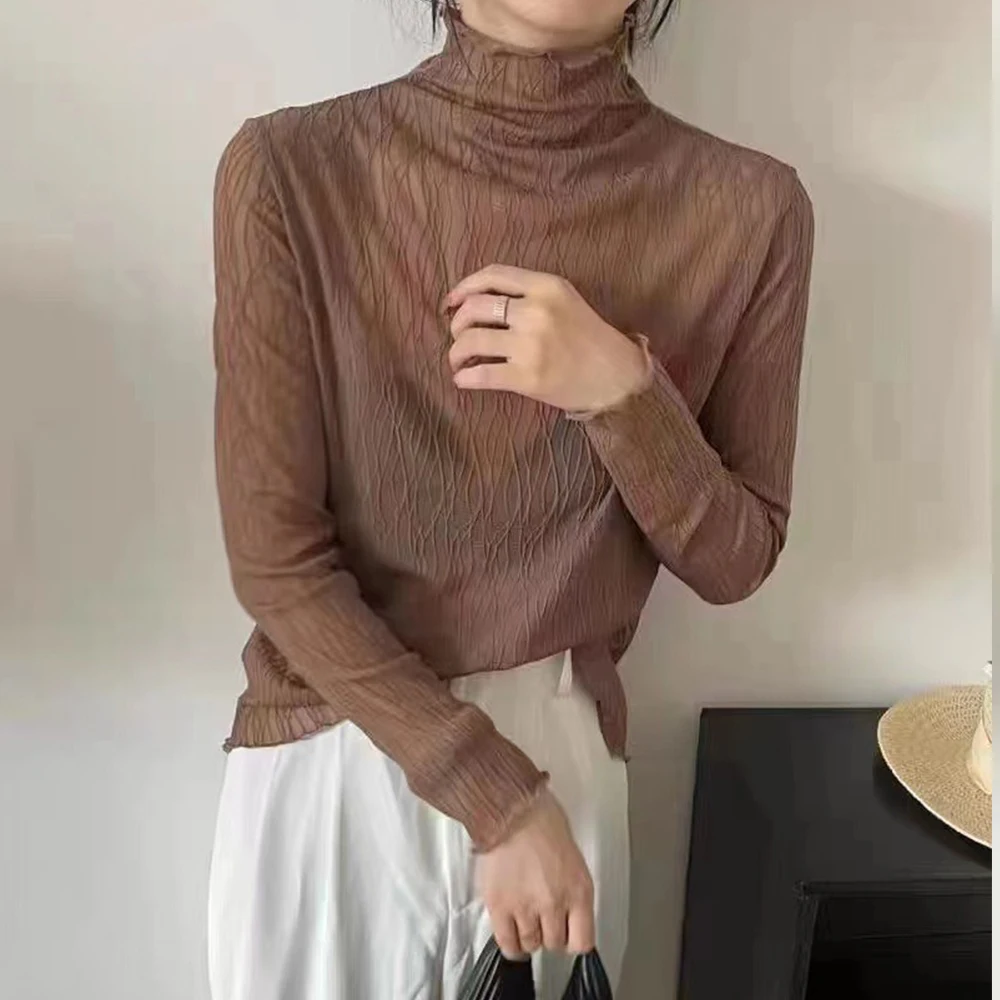 Сексуальная черная футболка с высоким воротником и длинным рукавом Женская