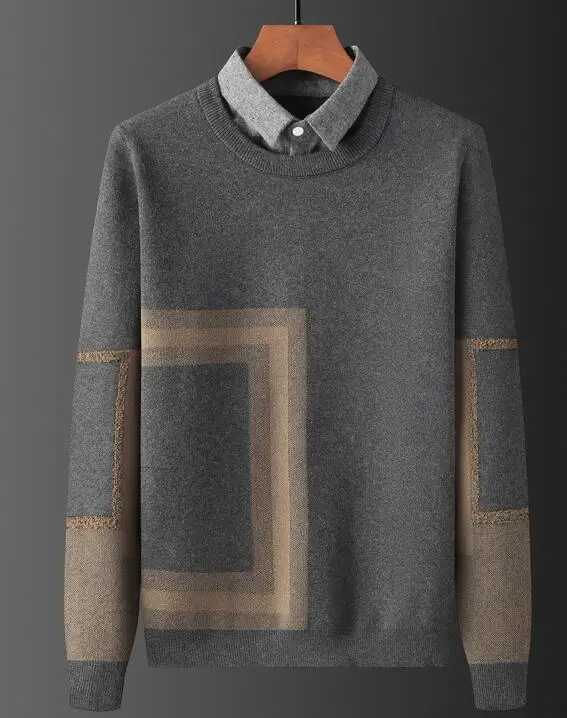 Men's Sweater Autumn Winter Fake Two-Piece Pullover Men's Thickened Fashion Sweater Shirt Collar Knitted Sweater Coat