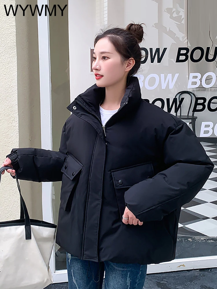 

Korean Chic Winter Jacket Women Parkas Double Pocket Stand Collar Warm Thicken Zipper Drawstring Short Jacket Winter Women Coat