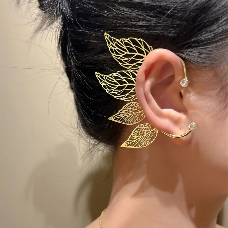 

Vintage Hollow Zircon Leaf Earring Clips for Women Gold Silver Color Chic Wing Ear Clip Wedding Non-Piercing Ear Cuff Jewelry