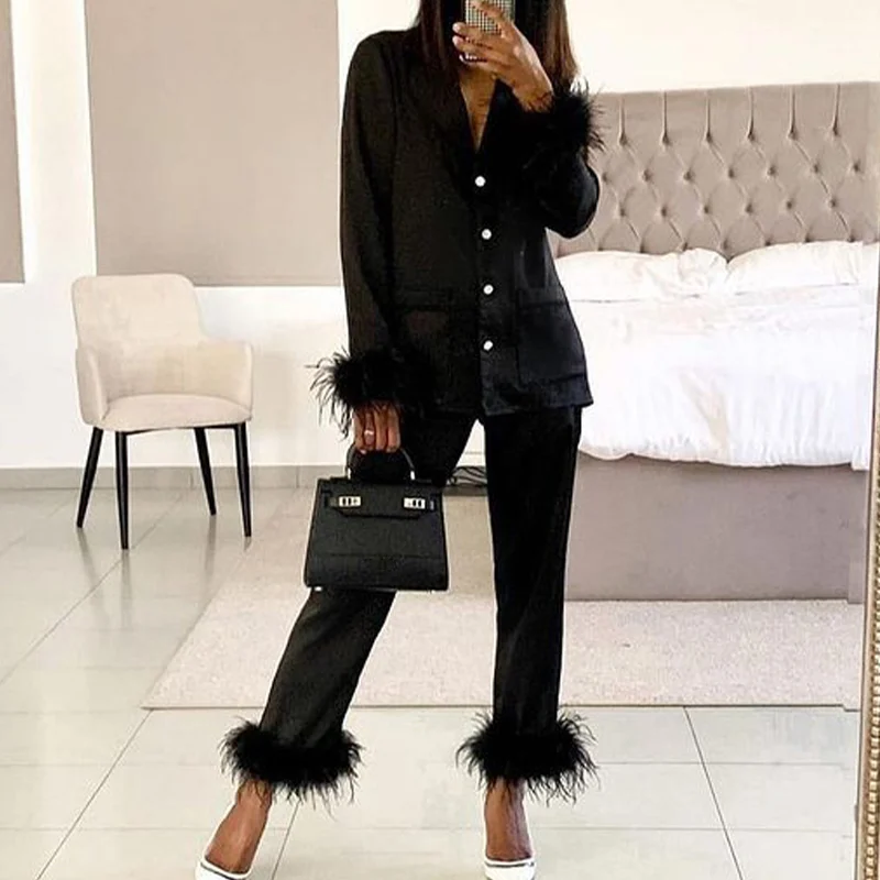 Весенний женский домашний костюм с мягкими перьями топ на пуговицах облегающие