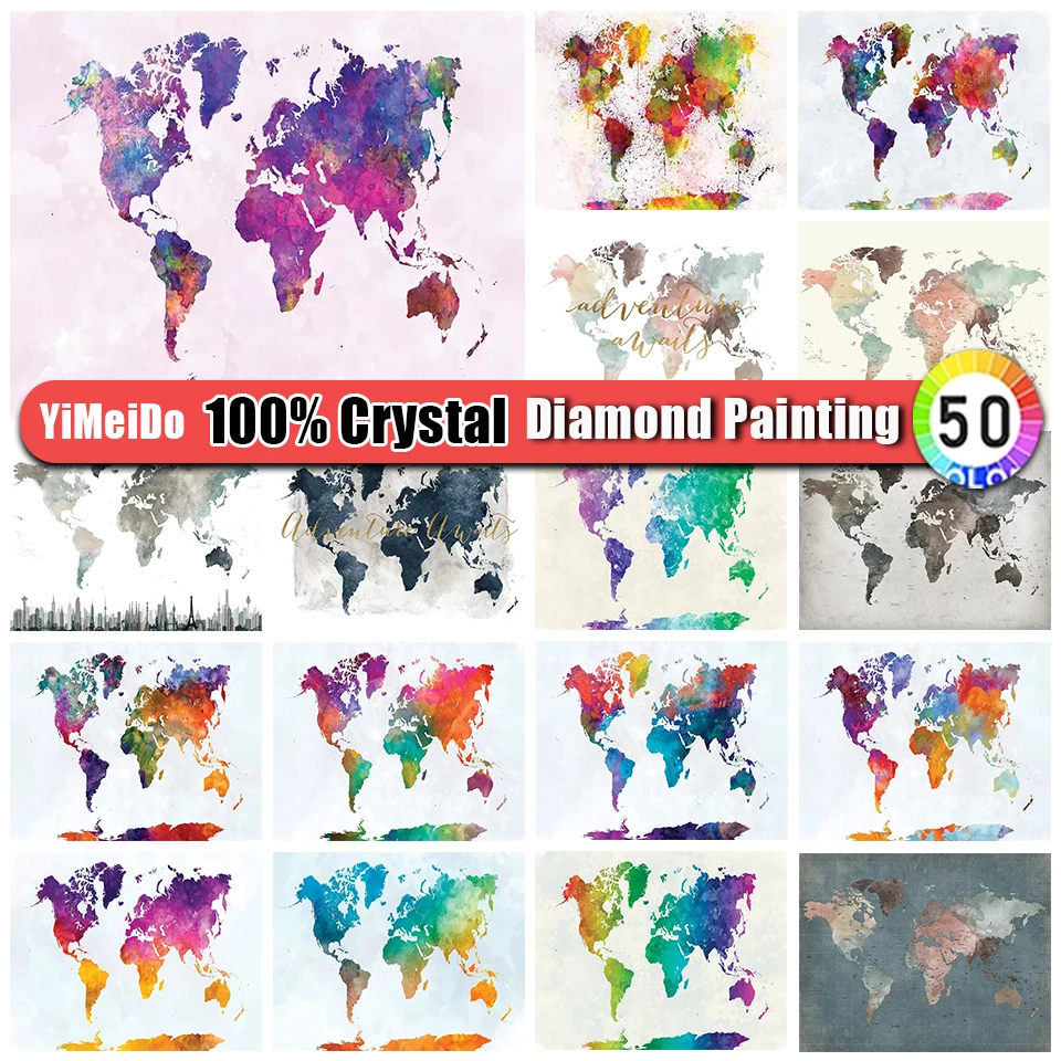 

YiMeiDo 100% Crystal Diamond Painting World Map Colorful DIY Full Diamond Embroidery Landscape Picture of Rhinestones Mosaic Art