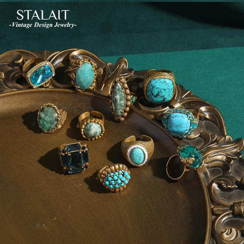 Фото Vintage Wedding Rings for Women Round Blue Natural Oval Green Crystal Horse Eye Shape Glass Retro Pattern Gold Color Jewelry №1
