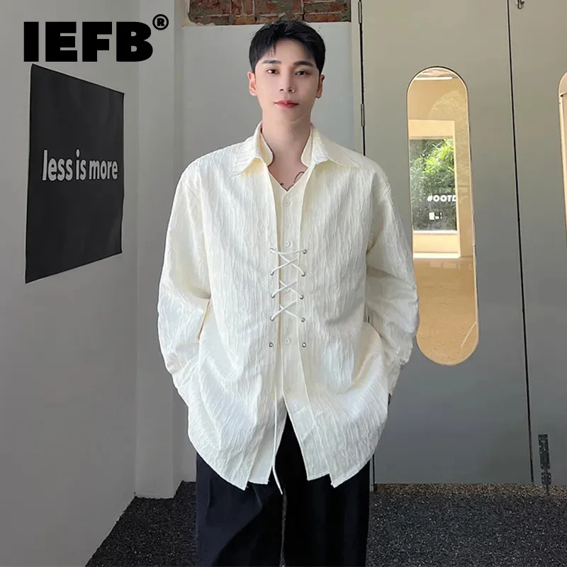 

Повседневная мужская рубашка IEFB с длинным рукавом, имитация двух частей, плиссированная однобортная Мужская рубашка с лацканами на ремешках, новинка 2023, лоскутный Топ 9C2625