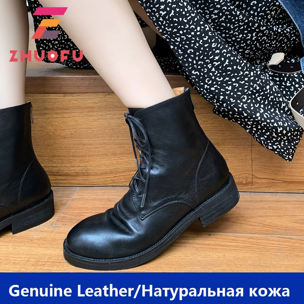 

Женские ботинки ZHUOFU из натуральной коровьей кожи с круглым носком на толстом каблуке, рыцарские ботинки, обувь на платформе, ботильоны для ж...