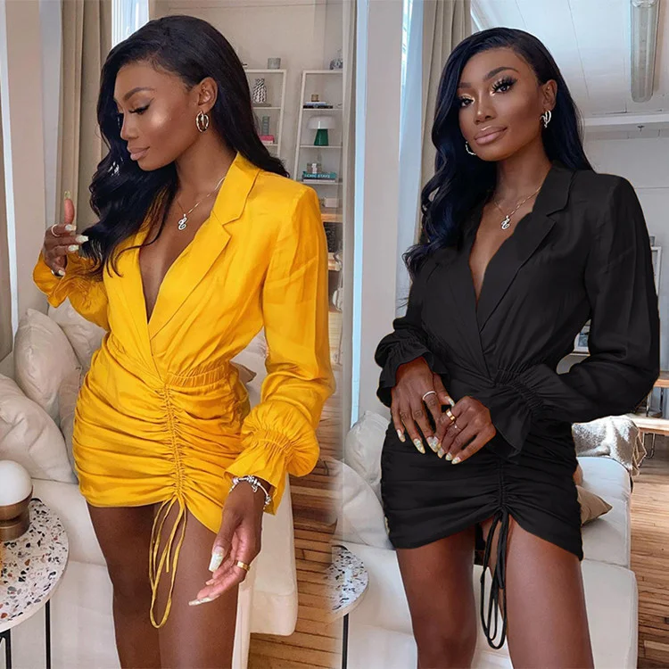 

Celmia Elegant Suit Collar Dresses Women Stylish Drawstring Pleated Mini Dress Summer Sexy Bodycon Long Sleeve Vestidos